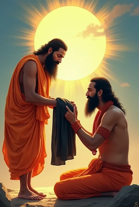 The image is a digital illustration of hindu 2 rishi, both rishi baba wearing a orange color dhoti, with black beard

One rishi standing position and give a black shawl to the 2nd rishi baba with both hand rise

A black shawl on his shoulder

Other rushi b...