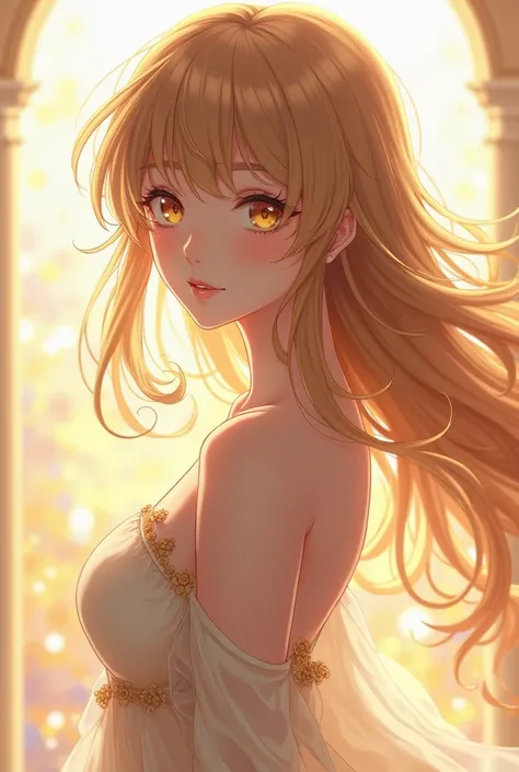 Female character with long wavy light brown hair, honey-colored eyes. Let the full body be seen
Anime type
