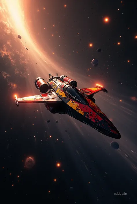 Create a scenario where there is a red and yellow and black spaceship passing through a flying star 