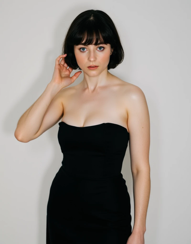 a photo, standing frontally,detailed face, black strapless dress, black bob cut straight hair with bangs, fierce glare, fixing hair