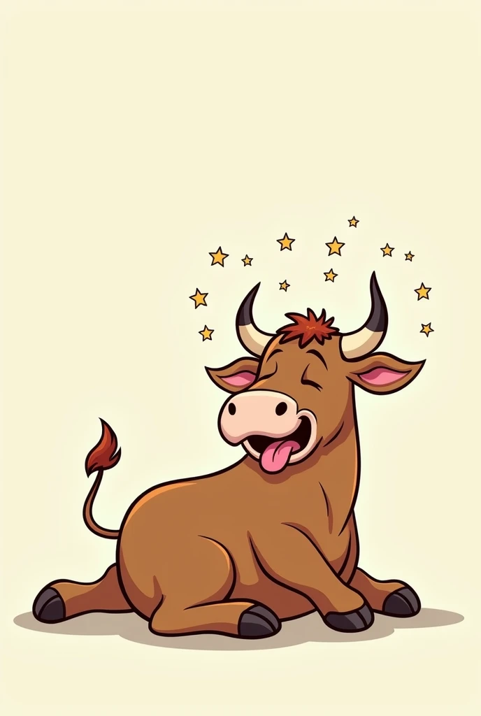 Cartoon bull laying on the ground with legs spread, eyes closed, tongue out and small stars spinning around his head like after being hit in the head