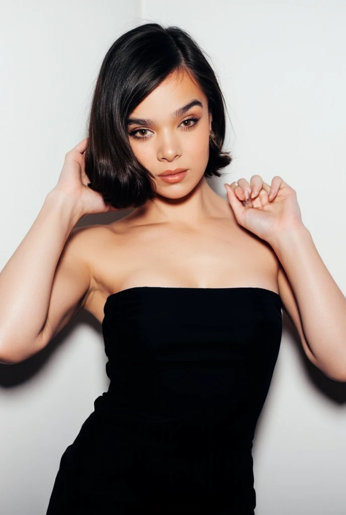 Hailee Stenfeld, a photo, standing frontally,detailed face, black strapless dress, black bob cut straight hair with bangs, fierce glare, fixing hair