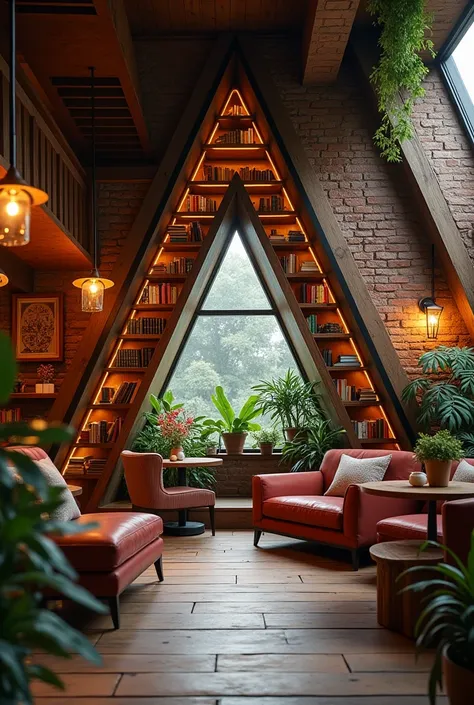 A small book cafe whose full shape is an angled triangle is visible in the overall atmosphere of the cafe