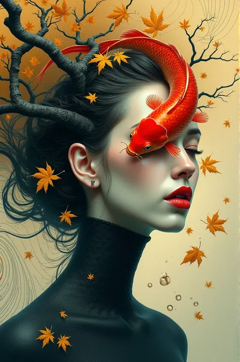 Create a surreal artwork of a woman whose face seamlessly merges with nature. The woman has pale, porcelain like skin and bright red lips, exuding elegance and mystery. Her hair transforms into twisted, gnarled tree branches adorned with vibrant golden aut...