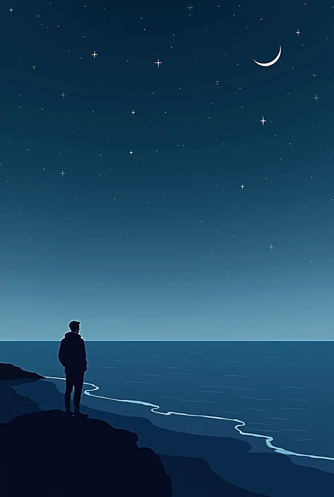  A minimalist illustration of a starry night sky with scattered stars and a waxing moon.  The silhouette of a man stands on one side of the image ,  looking at a calm ocean with soft ripples .  The composition highlights the immensity of the sea and the sk...