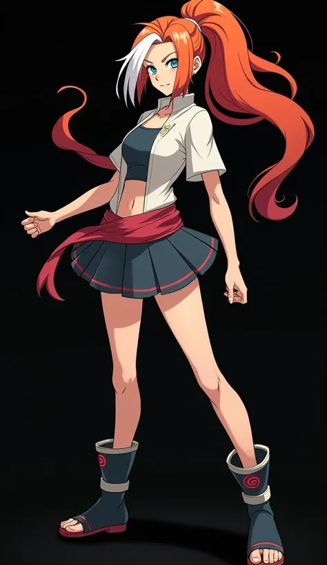 Character created by Mikio Ikemoto (8K): girl with a slender and beautiful appearance, light skin, full body, fire-colored orange hair and very smooth with two white locks highlighted on the front, similar to those of Rogue from the X-Men, hair tied in a p...