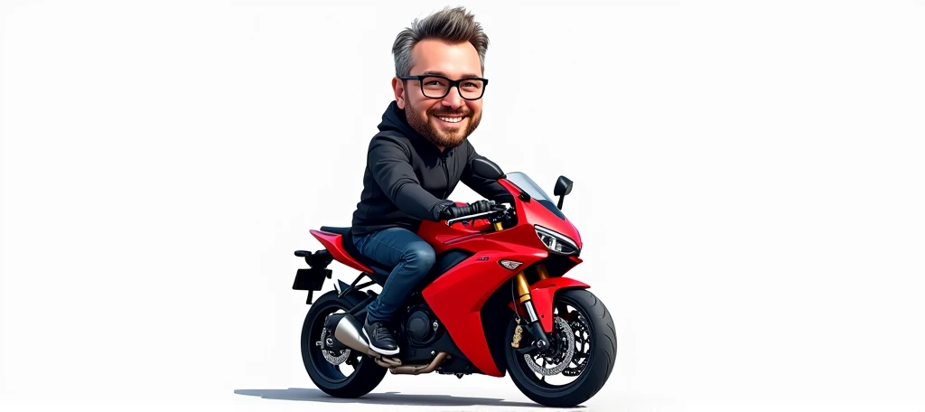 high quality, 8K Ultra HD, caricature of a men in glasses from the picture riding a red modern style motorcycle, in black motorcycle gear and with black helmet in his heands. I want it to have white background and i want it to be in a good Format to be on ...