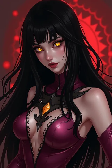 Very sexy killer instinct Sadira ,an extremely pale-skinned woman with chest-length black hair and notably unnaturally glowing bright yellow eyes.wears a mulberry and black-colored outfit  and her clothing is of a Persian  design.