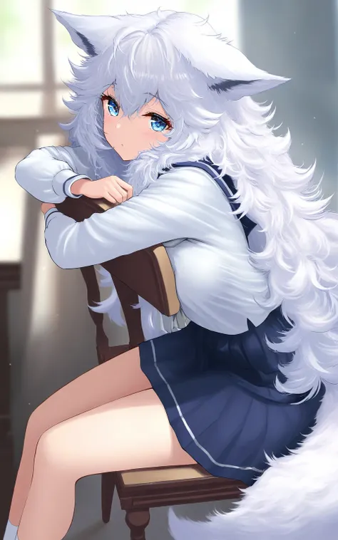 masterpiece:1.2, detailed, jptradartnbai artstyle ,long hair fluffy hair messy hair fox girl big fox ears white white ears / ears down /ears flop blue eyes fluffy white tail wearing a sailor school uniform she is sitting on a chair