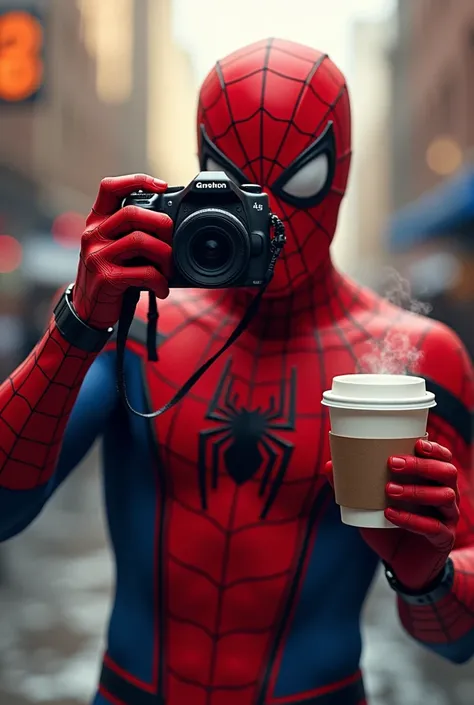 
 Spiderman with a camera looking at , as if he were taking a picture of me but he was holding the camera with one hand and with the other hand with a coffee