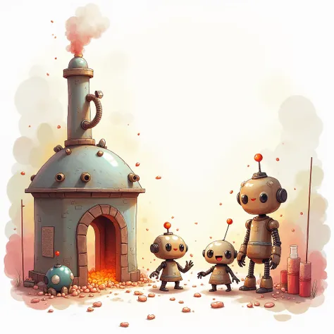 Jam factory, many small and cute robots working in the jam factory, the cute robots are laughing and busily wandering around, mystical watercolor painting, the background is white