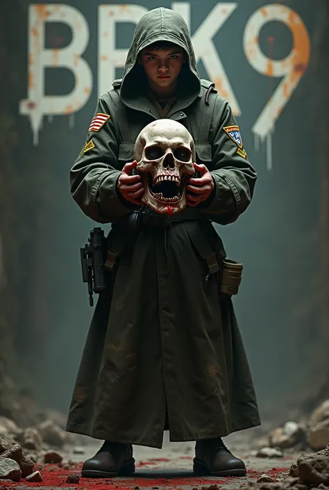 A young shaman in a special forces uniform holding a gun .at his waist with a zombie head.have word are (BBK9) behind.