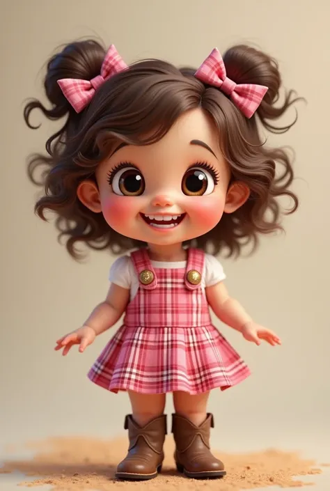 Baby with brown hair curly tips 
Light skin , Dark Eyes Big Smile 
Wearing a pink plaid dress 
Wearing a Texan boot
Two pink plaid bows on the hair