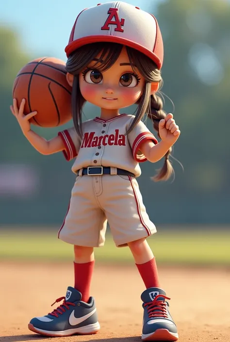 A girl dressed in a baseball suit with a basketball in her hand that says Marcela