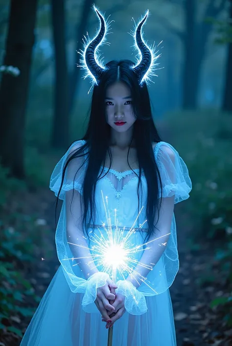  Surreal long-haired Japanese girl with curved horns growing upwards on her head and wearing white neon transparent glass elements. Glow-in-the-dark tulle jumpsuit sparks huge magic circle in enchanted forest. Women are magic Master; magic creates elements...