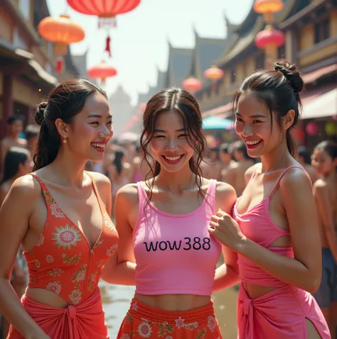 beautiful Chinese woman playing water shooter at the Songkran festival with her beautiful female friends, one of them wearing a pink tank top with the words WOW388