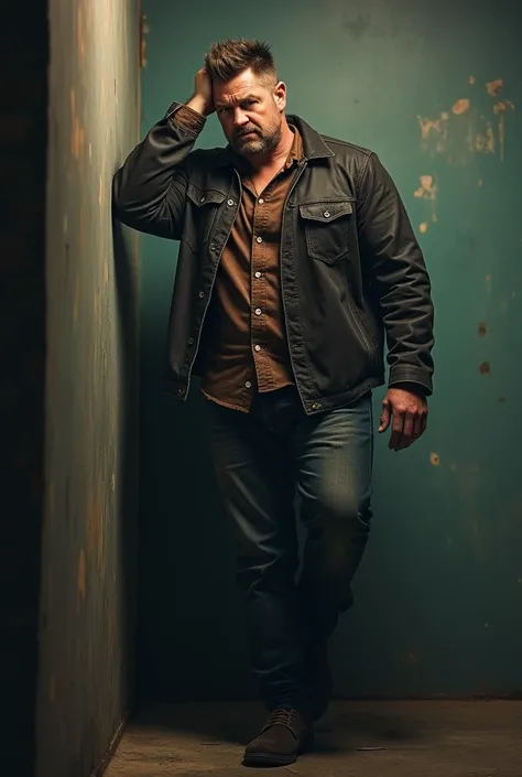 Muscular Man with short and textured hairstyle wearing a flannel shirt and leather jacket standing at 6ft tall, leaning  against the wall, one foot on the wall, one foot on the floor, running his fingers through his hair, no beard, frowning angrily ahead. 