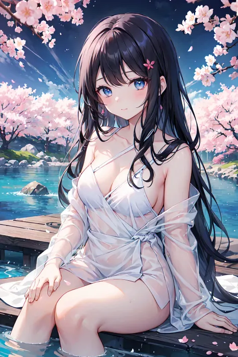  A woman relaxes in a spa, long black hair、 blue eyes 、２０generation,Yang Liang、Cherry blossoms、Cherry blossoms吹雪、 Satisfied expression , Wrap your hair in a towel ,BEAUTIFUL INSPIRING LIGHT ,Elegant water flow, calm atmosphere , Quiet and peaceful backgrou...