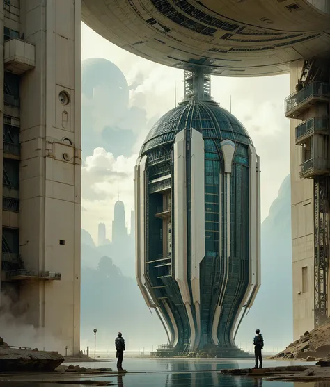 Gigantic alien architectural building and place, lone watcher, Jean Giraud and John Berkey artwork style remixed