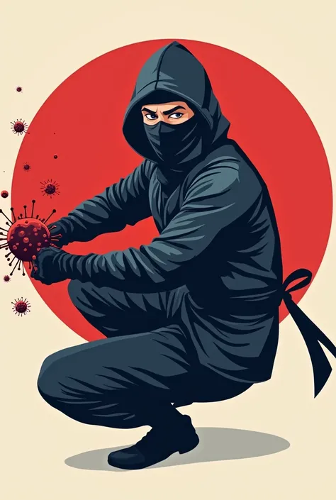 Un logo représentant un ninja de profil donnant un highkick violent dans un virus. Le ninja porte un masque chirurgical. Le style doit être simple et épuré. Un cercle rouge dans le fond.