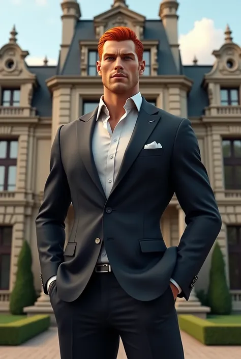 Strong handsome red-haired man in a tailored suit against the background of a mansion 