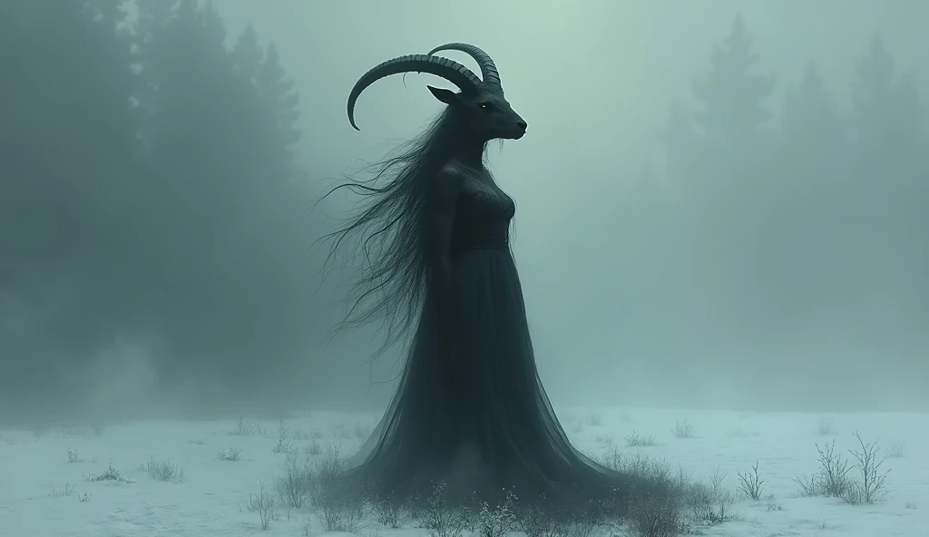 heavy fog ,  dark environment, Sexy woman with a goats head and very long hair in the snow, Impressionist art style