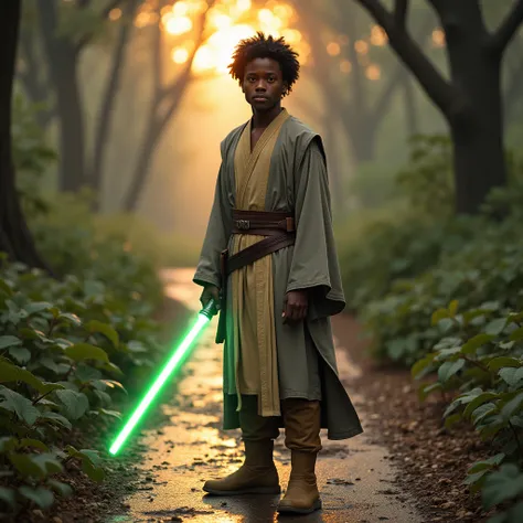 A young man with black skin .  With frizzy black hair . brown eyes.  He wears gray and tan Jedi robes .  She wears tan boots .  He carries in his hand a single-leaf lightsaber of green color.  He is standing in the middle of a wet dirt path.  Around him th...