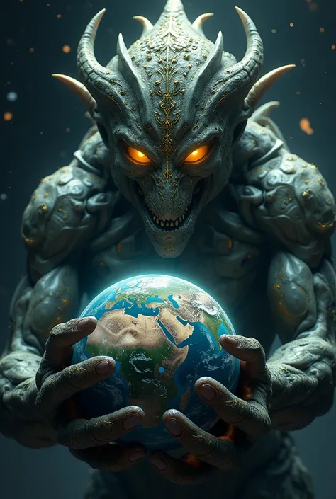 Earth seen from space with a golden-eyed monster holding it