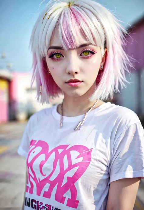 beautiful girl, white hair, pink lock of hair, white skin, short hair, yellow eyes, punk clothes