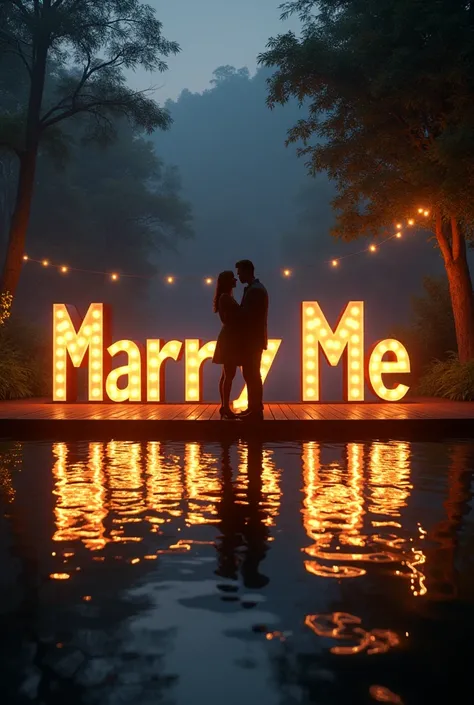 Capitalized Marry me marquee letters tree lights in background over water 
