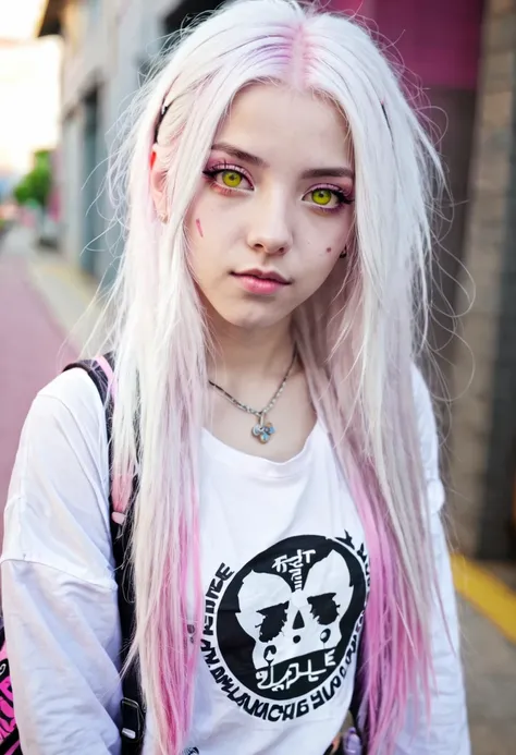 beautiful girl, white hair, pink lock of hair, white skin, long hair, yellow eyes, punk clothes