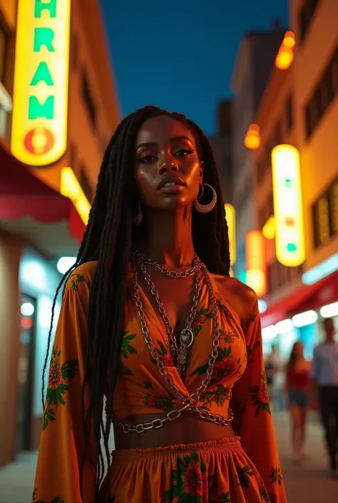 A beautiful woman dressed in reggae in buildings at night 