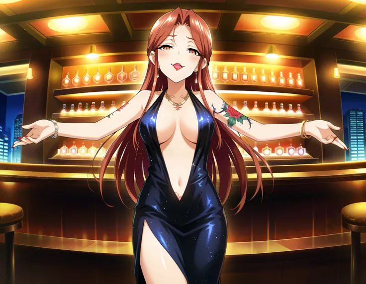 score_9, score_8_up, score_7_up, source_anime, zaizen tokiko, long hair, brown hair, brown eyes, 1girl, jewelry, necklace, solo, bracelet, nail polish, red nails,  earrings, red lips, medium breasts, bad attitude, mean girl, ear piercing, long hair, blush,...