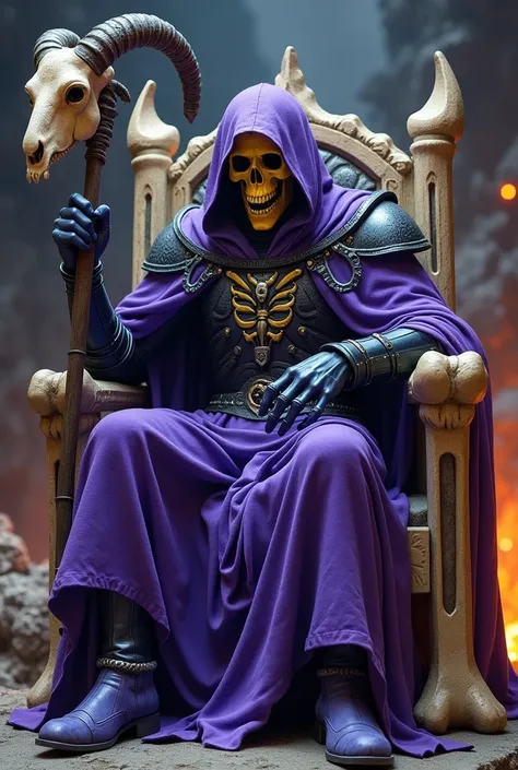  Blue man with the yellow face of a skull / Purple hood / purple cover /  pointed black bracelets / bone armor on the chest /pointed shoulder pads/ purple boots/  sitting on a bone throne with a bone staff in his hand with a sheeps skull on the tip of his ...