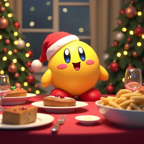 Kirby in yellow at Christmas dinner 