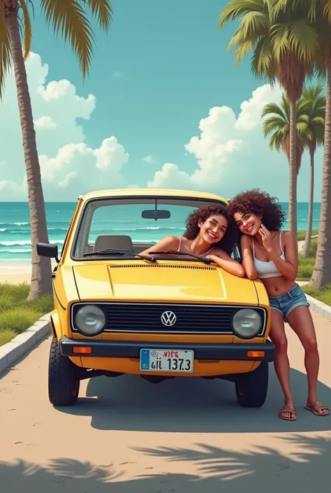  Make a couple of young people leaning back, but not inside ,  of a VW Fox ,  model car that is on the street near the beach ,  but them with their backs looking at the beach, Make the young woman a little chubby