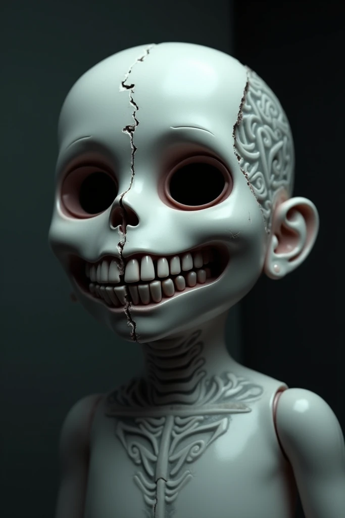 Half-faced 3d doll with white skull regatta tattoo 