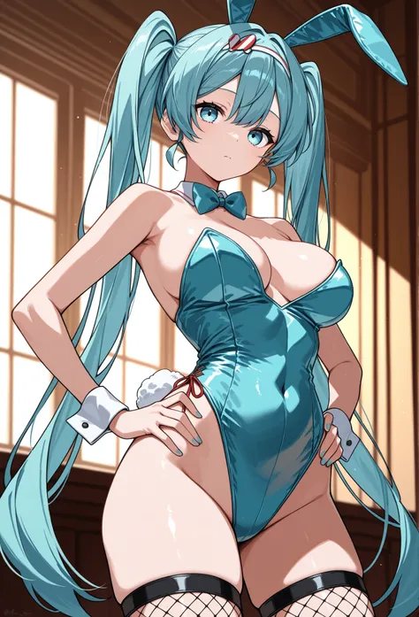 (8k、 Best Quality 、 top grade、masterpiece)、1 girl、Twin-tailed、 Hatsune Miku 、light blue eyes、expressionless、 big boobs、( sky blue Playboy Bunny)、Put your hands on your hips 、( fishnet stockings)、  cowboy shot  、Standing、 、Stage background
