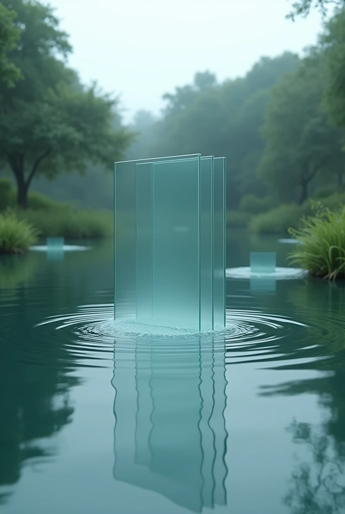 Create a picture of plexiglass floating up from the pond