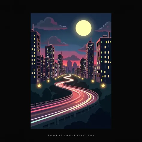 A vibrant, stylized cityscape at night.  High-rise buildings, various shades of dark blue, gray, and muted pinks and oranges, form the skyline. A winding highway, with colorful streaks of light representing fast-moving vehicles, curves through the city. A ...