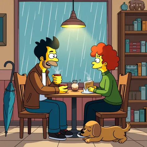 Create an image in the style of "Os Simpsons".  Dont include any characters from  "Os Simpsons" known , how homer, marge, Maggie, Lisa ou Bart Simpson.  Use only the drawing style of  "Os Simpsons"  to create new characters .

cena:  Rainy Afternoon at the...