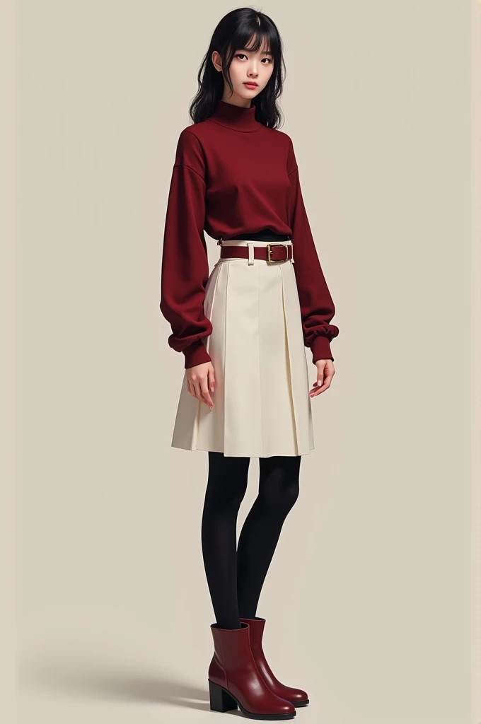 girl, dark red long sleeve shirt ,  dark red belt to adjust the white skirt that reaches the knee,  leggings black under the skirt , dark red boots . 