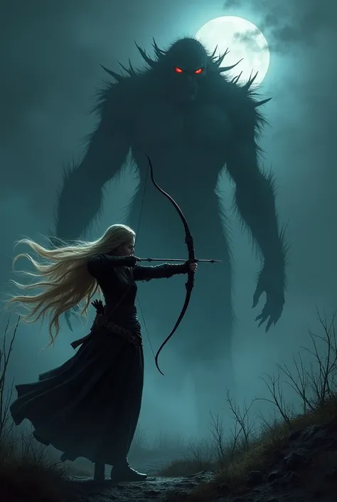 Female archer shooting a monster at night time long blonde hair at an angle