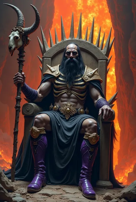  pointed black bracelets / bone armor on the chest /pointed shoulder pads/ purple boots/  sitting on a bone throne with a bone staff in his hand with a sheeps skull on the tip of his staff/ In the background a lava pit 