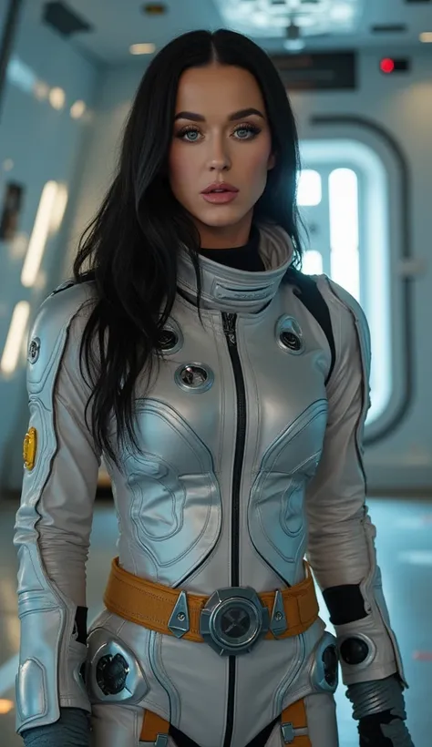 beautiful detailed photograph, wearing a dress, long straight hair,  standing in a spaceship, wearing a sci-fi space suit