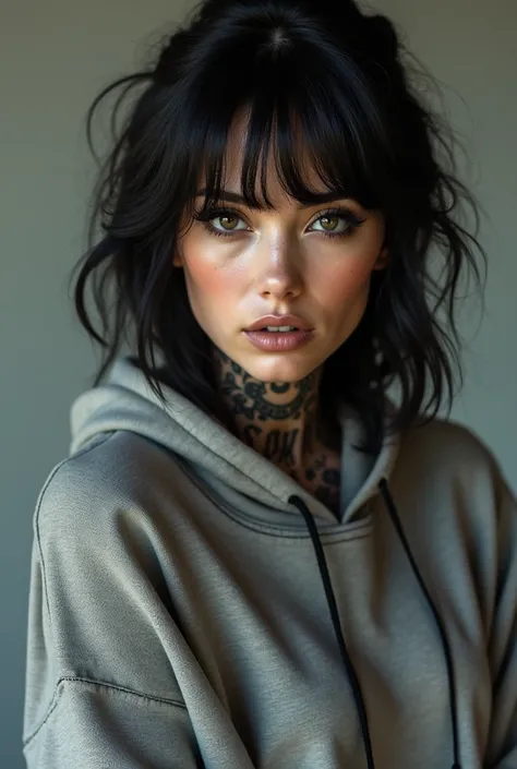 Beautiful woman, tattooed, black-eyed ,  wears boyfriend hudie