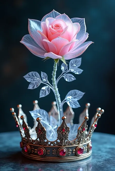 A crystal rose with an entire stem standing inside a kings crown 