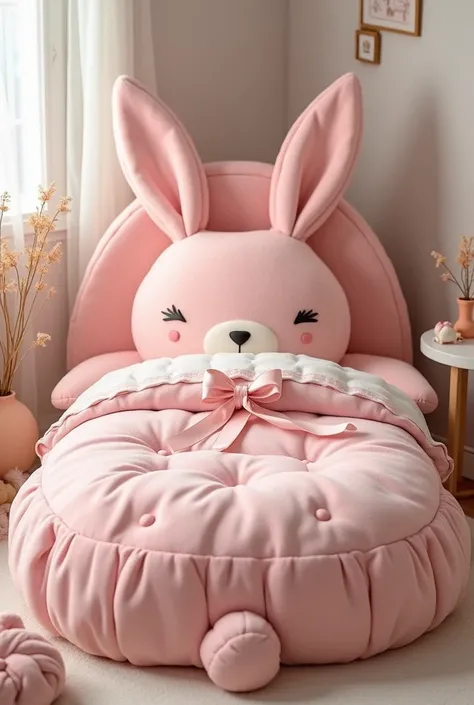 Create an image of a bed in the shape of a pink rabbit