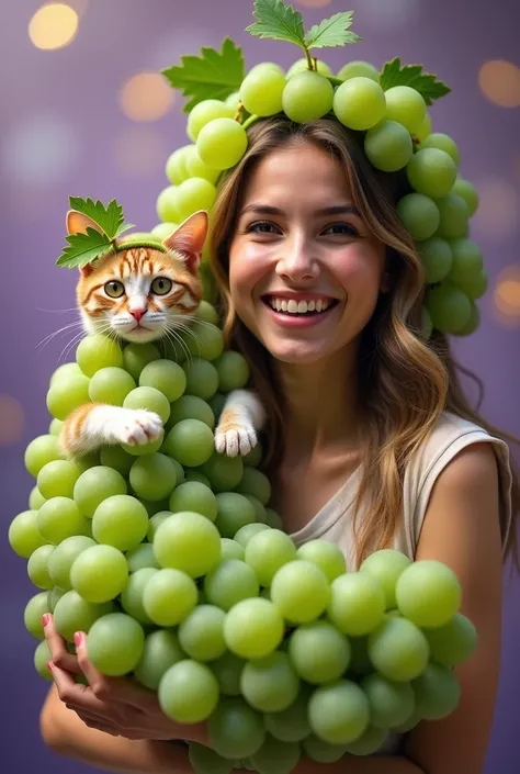 Prompt:

"Create a whimsical and fun image of a woman and a  dressed in outfits made entirely of green grapes. The grape costumes are creatively designed to cover their bodies, forming a bubbly, rounded texture, resembling clusters of fresh grapes. The  is...