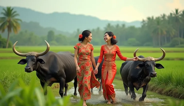 Thai countryside, young man, young woman, but dressed up, laughing, having fun with several buffaloes